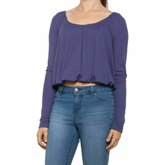 Free People - NWT True Blue Ruffled Scoop Neck Long Sleeve Lightweight Blouse SM - Picture 1 of 13